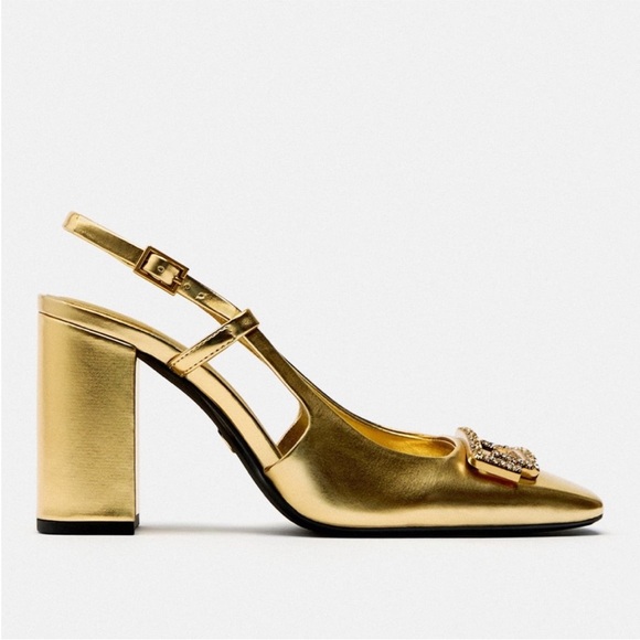 ZARA Embellished Block Heel Slingback Shoes Gold - Picture 5 of 15